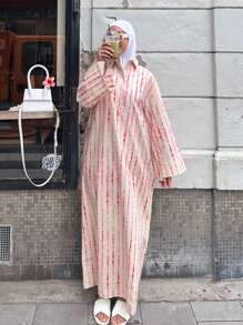 1pc Elegant Casual Loose Striped Zebra Print Button Down Collar Vacation Dress, Suitable For Daily & Holiday Wear, Modest