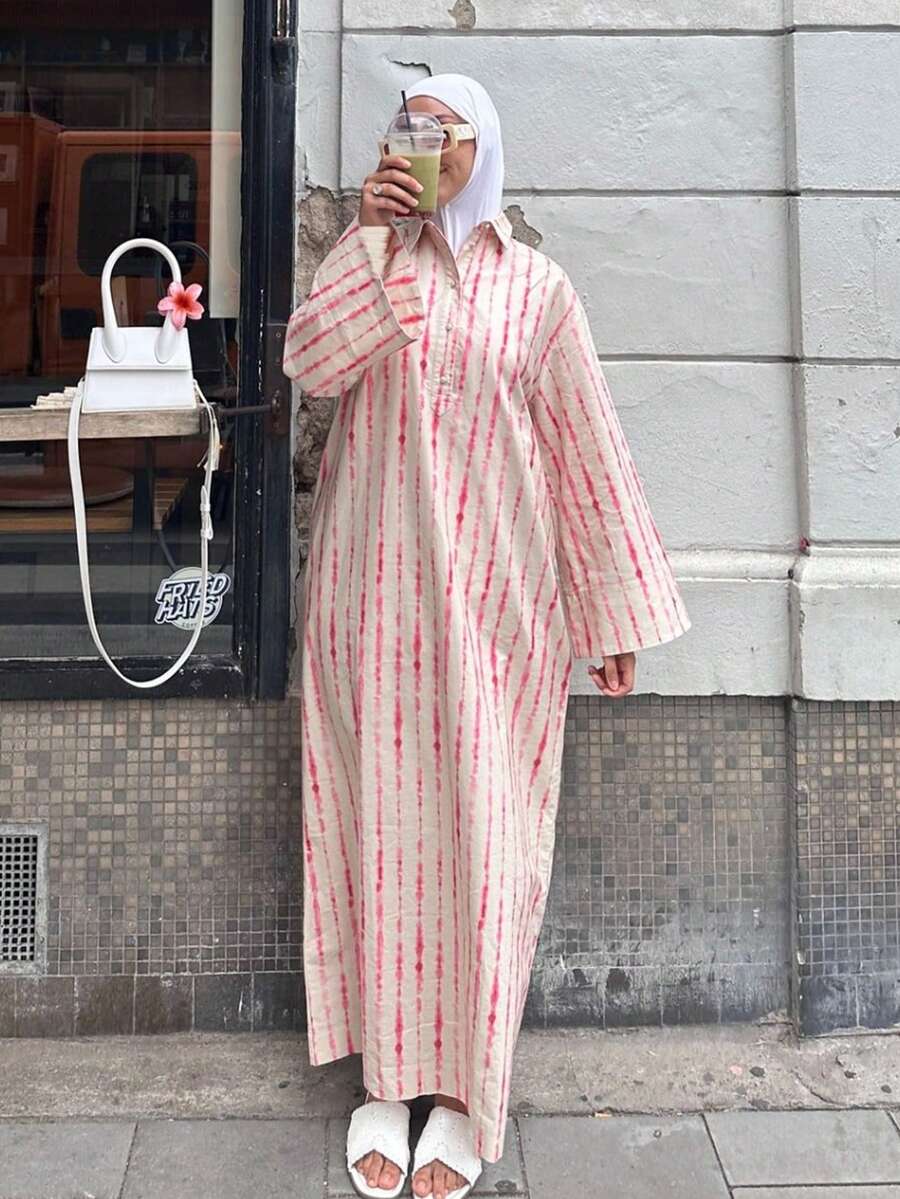 1pc Elegant Casual Loose Striped Zebra Print Button Down Collar Vacation Dress, Suitable For Daily & Holiday Wear, Modest