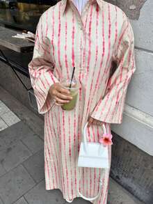 1pc Elegant Casual Loose Striped Zebra Print Button Down Collar Vacation Dress, Suitable For Daily & Holiday Wear, Modest