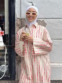 1pc Elegant Casual Loose Striped Zebra Print Button Down Collar Vacation Dress, Suitable For Daily & Holiday Wear, Modest