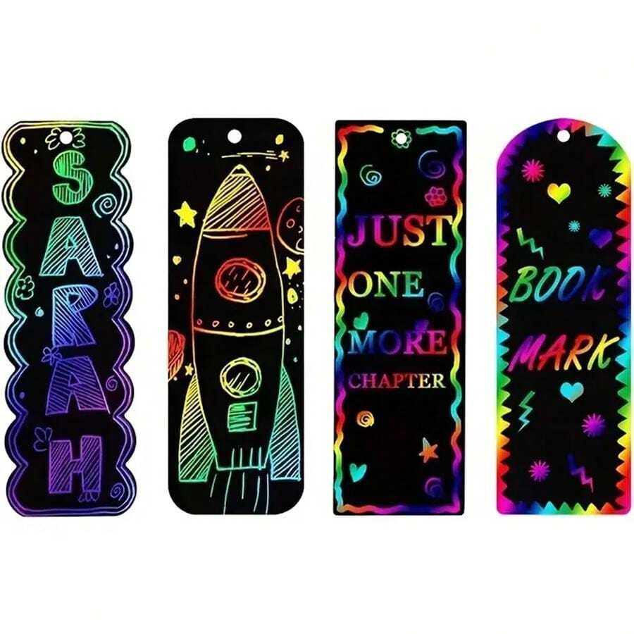 4 Styles Magic Colorful Scratch Bookmark Craft Kit DIY Rainbow Scratch