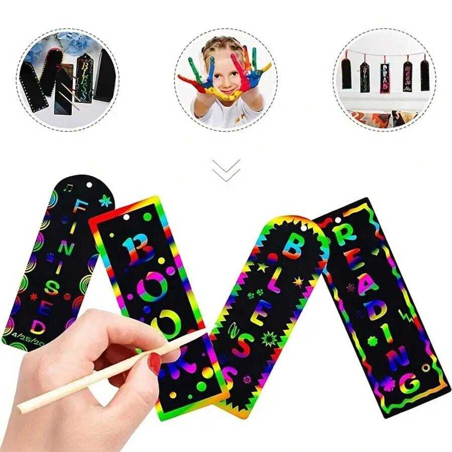 4 Styles Magic Colorful Scratch Bookmark Craft Kit DIY Rainbow Scratch