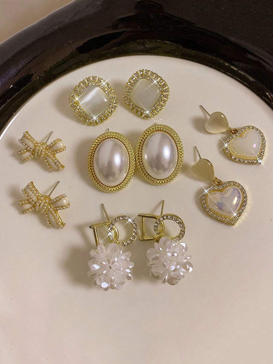 Bộ 5 món trang sức hoa tai đính đá, ngọc trai, trái tim, nơ thanh lịch theo phong cách Pháp cao cấp được cá nhân hóa - Nhiều màu - Xem 1