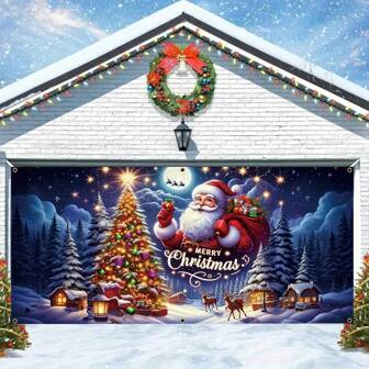 大型耐用聚酯纤维圣诞车库门横幅，带有雪景、圣诞老人和树木设计，适合户外节日装饰