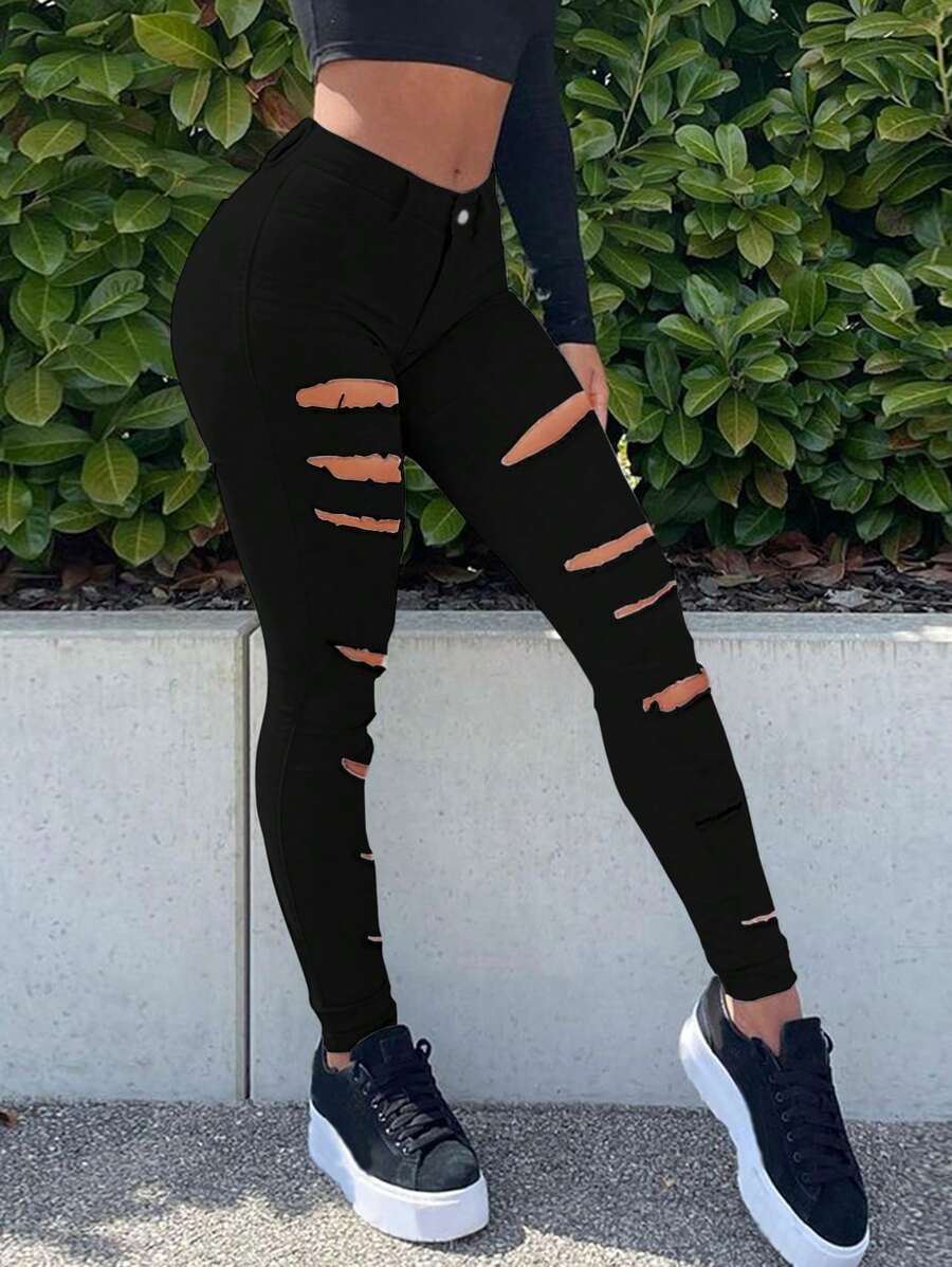Women's High Waisted Elastic Tight Fitting Ripped Jeans, Distressed Denim Leggings - 黑色 - 查看 1
