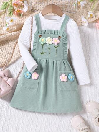 Unga tjejer 2st set stickad långärmad topp & manchesterblomma Pinafore-klänning Casual outfit, höst/vinter