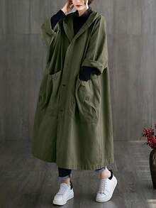 Autumn/Winter Oversized Lightweight Long Trench Coat For Women, With Large Pockets, Button Front, Hooded, Casual & Versatile - Army Green - View 5