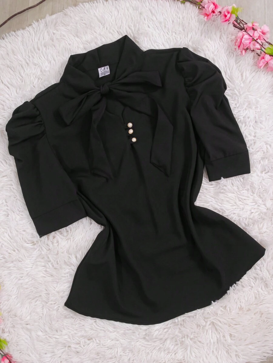 Women's Short Sleeve Puffed Blouse With Bow No. 8 - Hitam - View 1