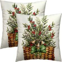 2 件圣诞装饰圣诞抱枕套红色浆果茎松树枝篮子农舍装饰枕套靠垫套适用于卧室沙发家居门廊装饰 - 彩色 - 查看 8