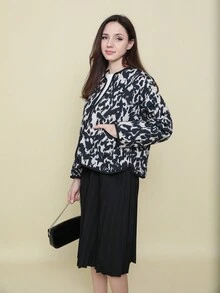 Giacca con stampa semplice e versatile con bottoni, manica lunga, di moda - nero - Visualizzare 3