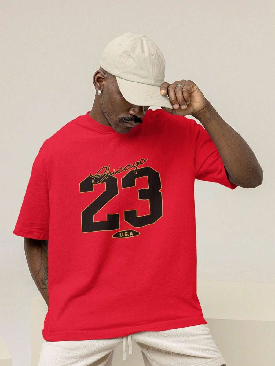 Men's Oversized T-Shirt 100% Premium Cotton Chicago 23 Sporty Streetwear Shirt - 紅色 - 查看 1