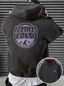 男士字母与风景图案街头风羊毛连帽衫，秋冬 - 深灰色 - 查看 2