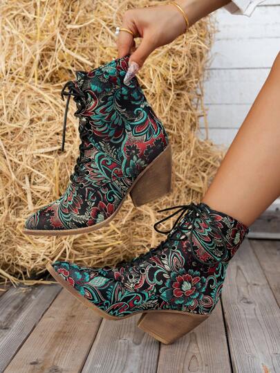 2025 Herbst/Winter Neue Ankle Boots, modische bohemian-vintage bestickte Blumenprint Schnür-Plateau-Stiefel mit hohem Absatz, stilvolle Kurzstiefel geeignet für Weihnachten, Dates, Einkaufen, Pendeln, Partys
