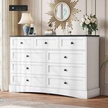 9 Drawers Dresser, Farmhouse Chest Of Drawers With Charging Station, Large Wood Storage Tower Organizer Dresser For Bedroom, Living Room - Black and White - View 1