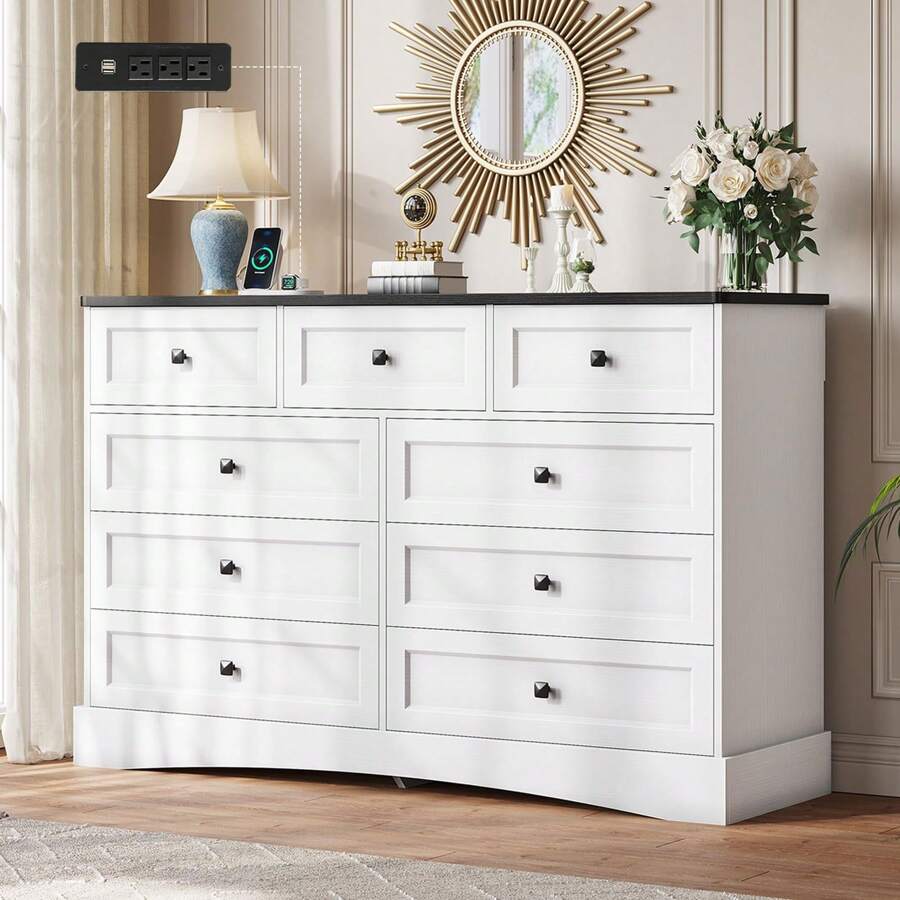 9 Drawers Dresser, Farmhouse Chest Of Drawers With Charging Station, Large Wood Storage Tower Organizer Dresser For Bedroom, Living Room - Black and White - View 1