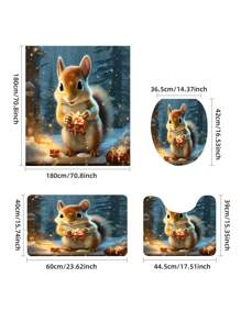 4 件套可爱松鼠图案浴室套装，包括浴帘、浴室地毯、马桶盖、防滑防水涤纶浴帘（带挂钩）、浴室装饰 - 可愛松鼠 - 查看 2