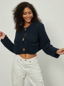 Pull-veste à manches longues en tricot épais, minimaliste, polyvalent, décontracté et à la mode pour femmes - Bleu marine - Voir 5