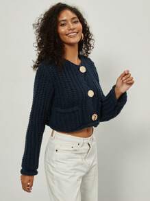 Pull-veste à manches longues en tricot épais, minimaliste, polyvalent, décontracté et à la mode pour femmes - Bleu marine - Voir 9