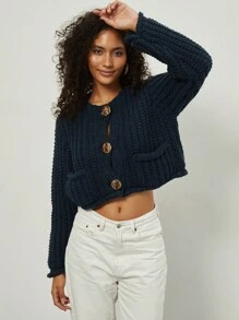 Pull-veste à manches longues en tricot épais, minimaliste, polyvalent, décontracté et à la mode pour femmes - Bleu marine - Voir 6