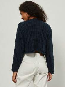 Pull-veste à manches longues en tricot épais, minimaliste, polyvalent, décontracté et à la mode pour femmes - Bleu marine - Voir 11