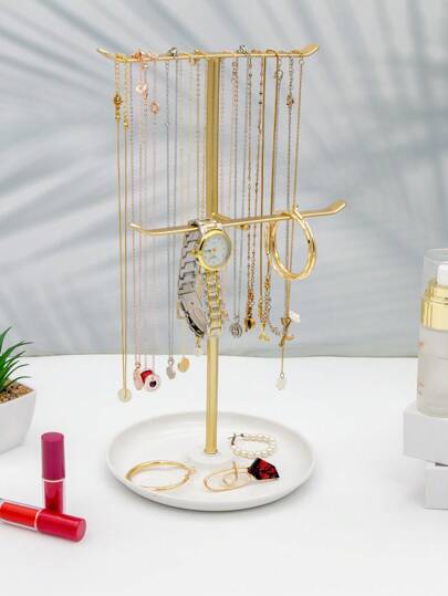 1 Pc Elegant Double-Layer Jewelry Display Stand, Suitable For Storage And Display Of Necklaces/Bracelets, With A White Metal Tray For Storage Of Rings/Earrings, Spacious And Durable, Easy To Assemble, White Gold Tone, A Valentine's Day Gift,Room Decor