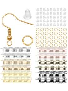 300pcs Gold & Silver Earring Making Tool Kit, Includes 100pcs Earring Hooks, 100pcs Earring Backs And 100pcs Jump Rings, For DIY Earrings Jewelry Craft Supplies