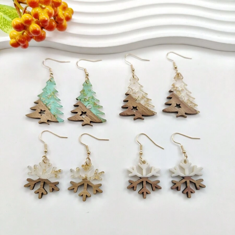 1 对圣诞树木镶嵌亚克力耳环、派对配饰、节日装饰、送给朋友的礼物 - 聖誕耳環 - 查看 1