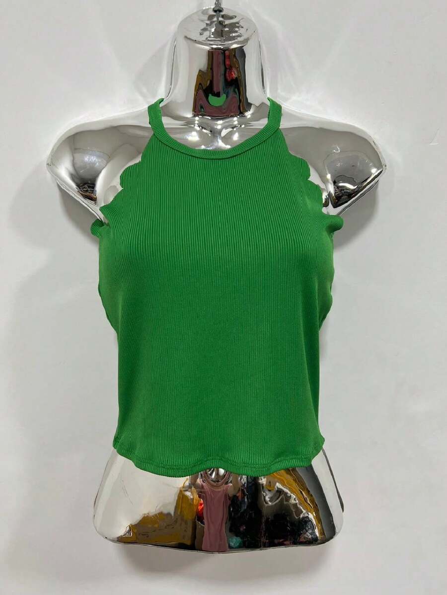 Knitted Solid Color Shell Edge Halter Top - 橄欖綠 - 查看 1