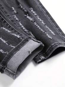 男式时尚破洞修身街头风牛仔裤 - 深灰色 - 查看 4