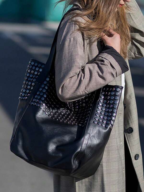 Vintage Fashion Women Motorcycle Bag, Shoulder Bag Large Capacity Rivet Tote Bag, Portable Backpack Suitable For Girls, Female College Students, Office, University, Commute, Outdoor, Travel, School, Back To School, Lightweight Handbag