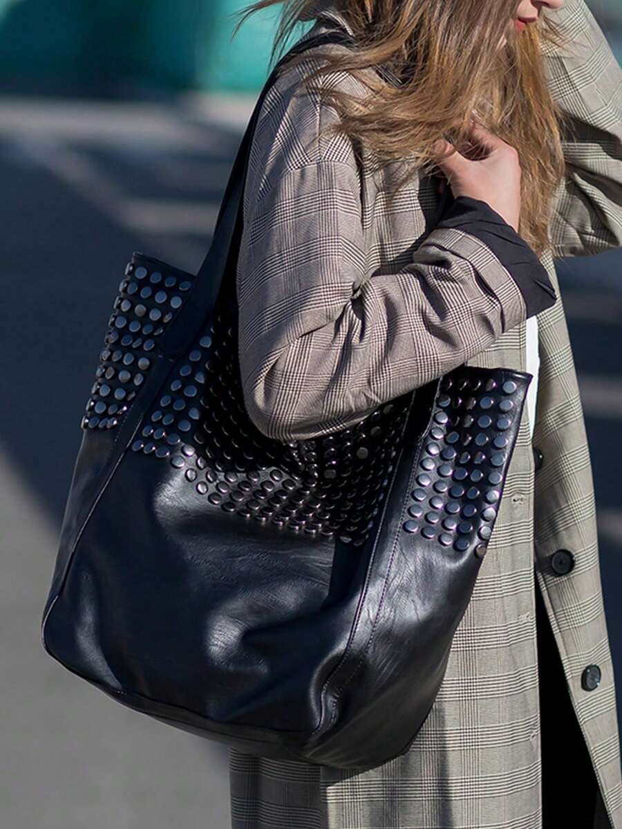 Vintage Fashion Women Motorcycle Bag, Shoulder Bag Large Capacity Rivet Tote Bag, Portable Backpack Suitable For Girls, Female College Students, Office, University, Commute, Outdoor, Travel, School, Back To School, Lightweight Handbag