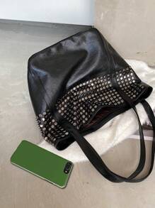 Vintage Fashion Women Motorcycle Bag, Shoulder Bag Large Capacity Rivet Tote Bag, Portable Backpack Suitable For Girls, Female College Students, Office, University, Commute, Outdoor, Travel, School, Back To School, Lightweight Handbag