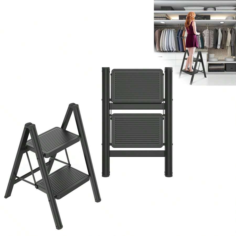 Stepladder Folding Step Stool With Wide Pedal Lightweight Folding Step Non-Slip Stepladder Ladder Folding Lock Up To 270 Kg Load Capacity Folding Ladder For Household Kitchen, Black