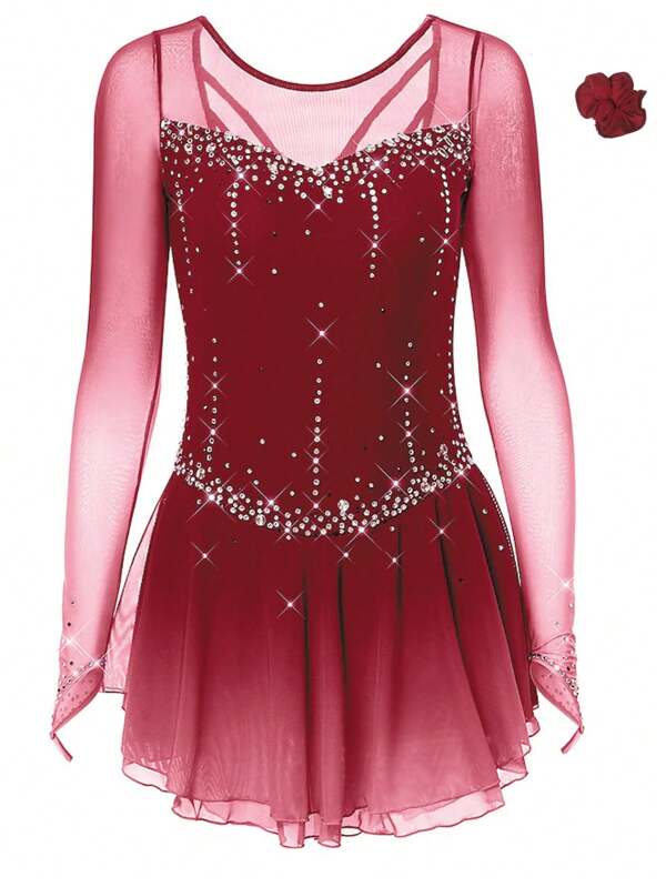 Figure Skating Costume Yellow Long Sleeve Net Custom Spandex Performance Costume Competition Training Women's Wear