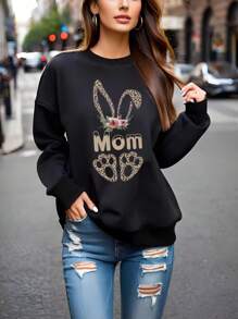 SUPSHUSY Sudadera personalizada para mamá, sudadera con estampado, sudadera con conejo mamá, top casual de manga larga con letras MOM, sudadera para el Día de la Madre, regalo gracioso para el Día de la Madre, regalo para el cumpleaños de la madre, regalo para mamá, camiseta gráfica de manga larga - Negro - Ver 2