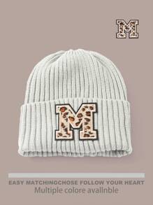 1pc Letter & Leopard Striped Casual Bohemian Acrylic Solid Embroidered Ski Beanie Hat, Knitted, Autumn/Winter, Versatile