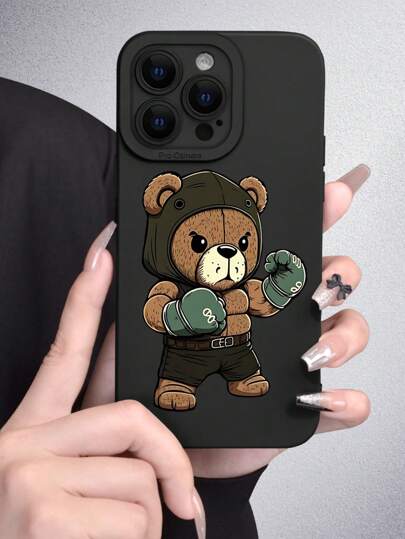 1pc 2D Cartoon Boxing Bear Image Phone Case, Creative Handsome Bear Boxer Design, Perfect Gift For Friends, Family, Couples Or Self-Use, Matte Black Soft Full Protection Shell Compatible With IPhone & Compatible With Samsung