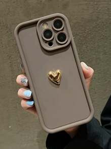 Apple Y2K 1pc Soft Silicone Solid Color 3D Luxury Golden Heart Phone Case Compatible With IPhone 16 ProMax/11/12/13/14 Plus, XR/7/8Plus, 15PM, Anti-Fall Protection - Brown - View 3
