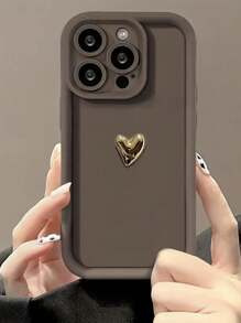 Apple Y2K 1pc Soft Silicone Solid Color 3D Luxury Golden Heart Phone Case Compatible With IPhone 16 ProMax/11/12/13/14 Plus, XR/7/8Plus, 15PM, Anti-Fall Protection - Brown - View 2