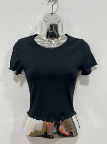 Ribbed Cropped Women's Blogger Blouse With Ribbed Ribbed Fabric Sleeves - 黑色 - 查看 1