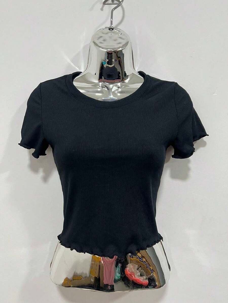 Ribbed Cropped Women's Blogger Blouse With Ribbed Ribbed Fabric Sleeves - 黑色 - 查看 1