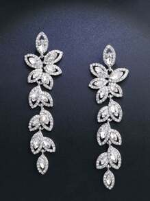 1 Pair Luxury Rhinestone Leaf-Shaped Long Earrings, Gift For Women Wedding Party Festival