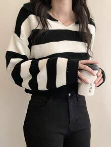 Contrast Stripe Loose Cropped Collared Pullover Sweater