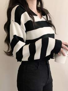 Contrast Stripe Loose Cropped Collared Pullover Sweater