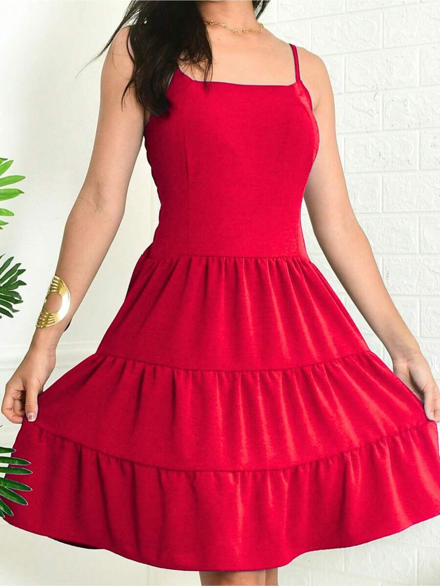 Women's Short Dress With Loose Straps With Duna Fabric Lining And Ruffles - Đỏ - Xem 1