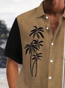 复古保龄球椰子树条纹 3D 印花大码男式纽扣口袋短袖衬衫