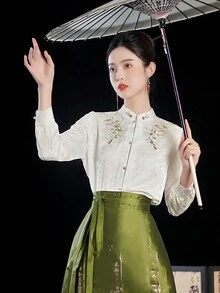 中国风秋季中国新年提花花卉刺绣珍珠纽扣白色汉服上衣 - 白色 - 查看 2