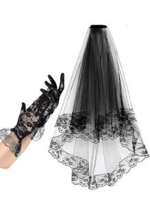 2 件套优雅黑色蕾丝面纱和手套套装，正式头饰和舞会配饰 - 黑色 - 查看 6