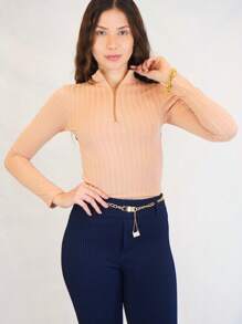 Ribbed Long Sleeve Blouse With High Neck, Fitted And Stretchy - 米色 - 查看 3