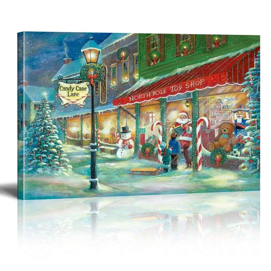 1 Piece Framed Renditions Gallery Candy Cane Lane Wall Art, Charming Christmas Village, Idyllic Winter, Holiday Decoration Canvas Print Poster, Suitable For Vintage Living Room Bedroom Classroom Kitchen Dining Room Dormitory Shop Apartment Villa Wall Decoration Ready To Hang - 彩色 - 查看 1